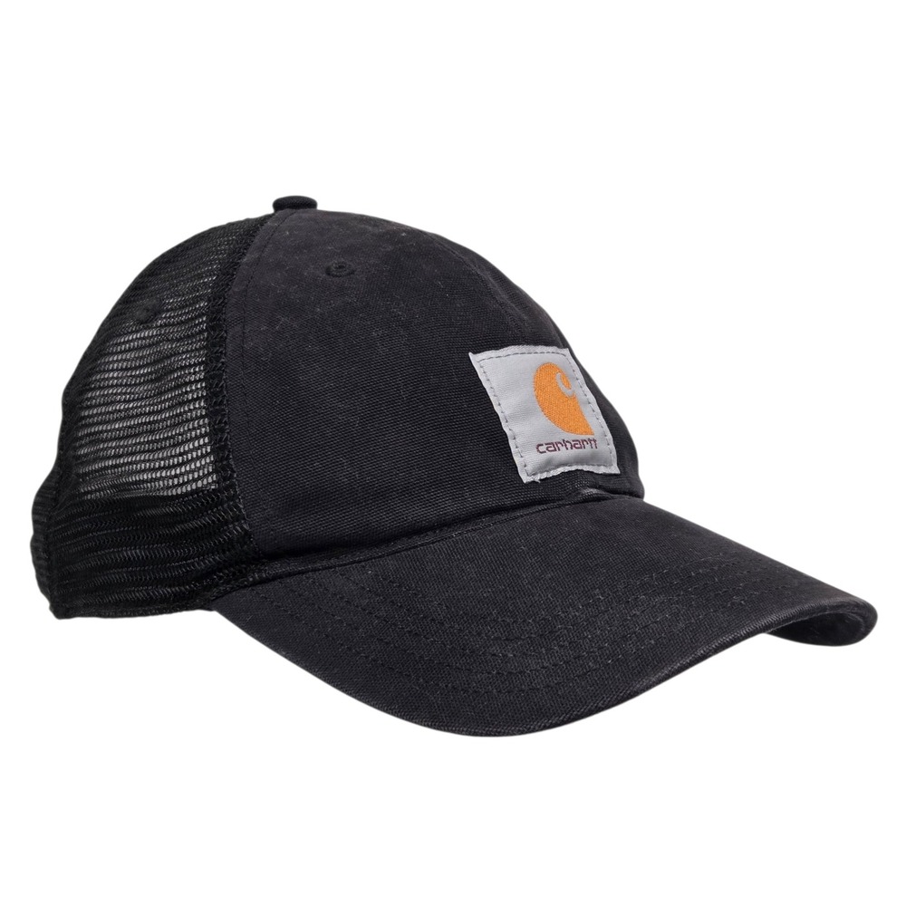 Carhartt Trucker Hat Mens OS Black Canvas Mesh Snapback Cap 100455‎ Logo Patch